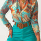 Women's Printed Stand Collar V-neck Long Sleeve Shirt Top With Belted Shorts Set