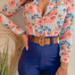 Women's Printed Stand Collar V-neck Long Sleeve Shirt Top With Belted Shorts Set