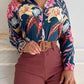 Women's Printed Stand Collar V-neck Long Sleeve Shirt Top With Belted Shorts Set