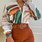 Women's Printed Stand Collar V-neck Long Sleeve Shirt Top With Belted Shorts Set