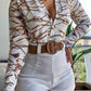 Women's Printed Stand Collar V-neck Long Sleeve Shirt Top With Belted Shorts Set