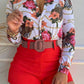 Women's Printed Stand Collar V-neck Long Sleeve Shirt Top With Belted Shorts Set