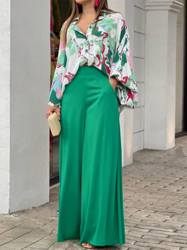 Women's Printed Long Sleeve Button Front Closure With Wide Leg Pants Set