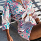 Women's Floral Print Tie Front Short Sleeve Shirt Matching Shorts