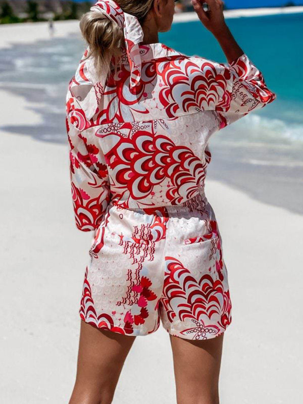 Women's Floral Print Tie Front Short Sleeve Shirt Matching Shorts