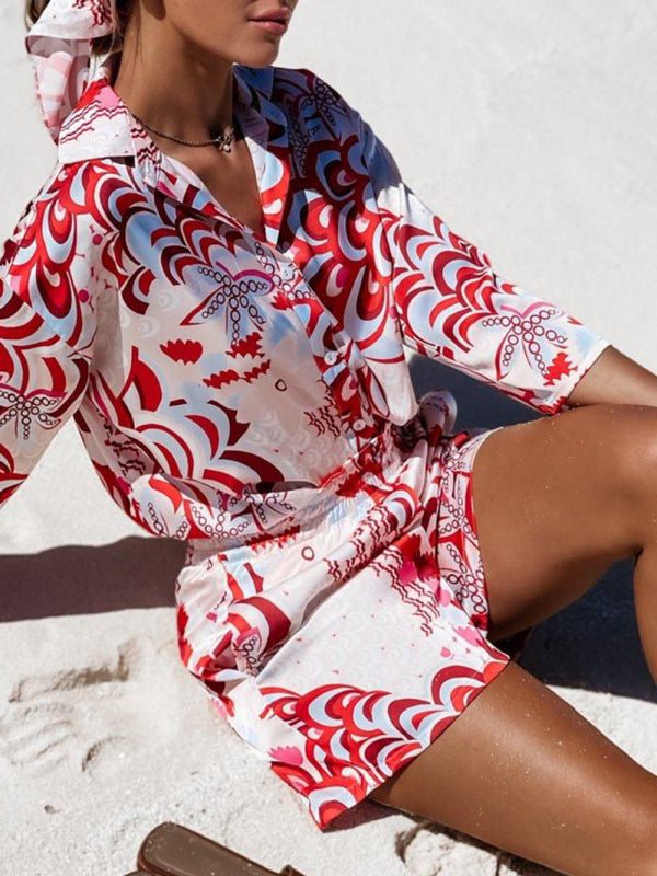 Women's Floral Print Tie Front Short Sleeve Shirt Matching Shorts