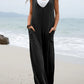 Solid color patch pocket fashion jumpsuit V-neck overalls wide-leg trousers