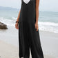 Solid color patch pocket fashion jumpsuit V-neck overalls wide-leg trousers