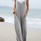 Solid color patch pocket fashion jumpsuit V-neck overalls wide-leg trousers
