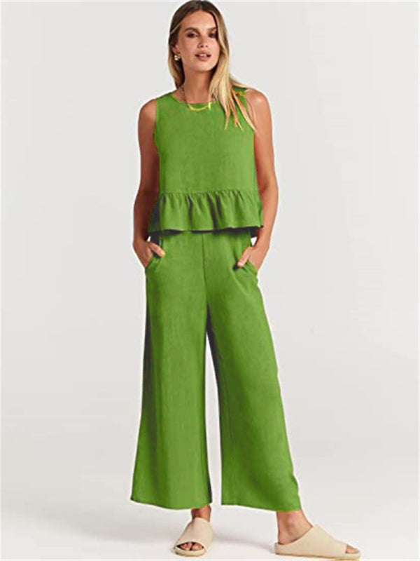 Women's Ruffle Sleeveless Top With Matching Wide-leg Pants