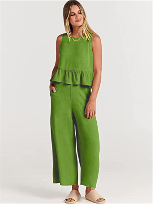 Women's Ruffle Sleeveless Top With Matching Wide-leg Pants