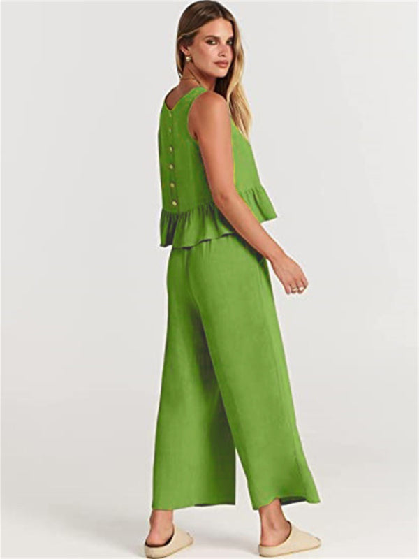 Women's Ruffle Sleeveless Top With Matching Wide-leg Pants