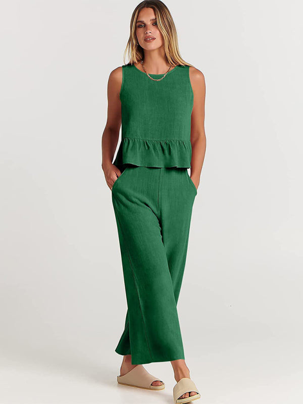 Women's Ruffle Sleeveless Top With Matching Wide-leg Pants