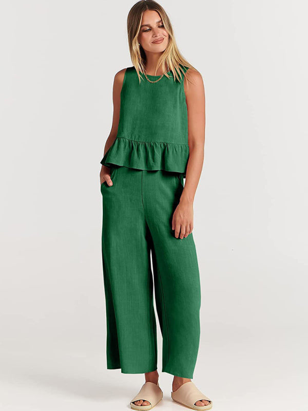 Women's Ruffle Sleeveless Top With Matching Wide-leg Pants