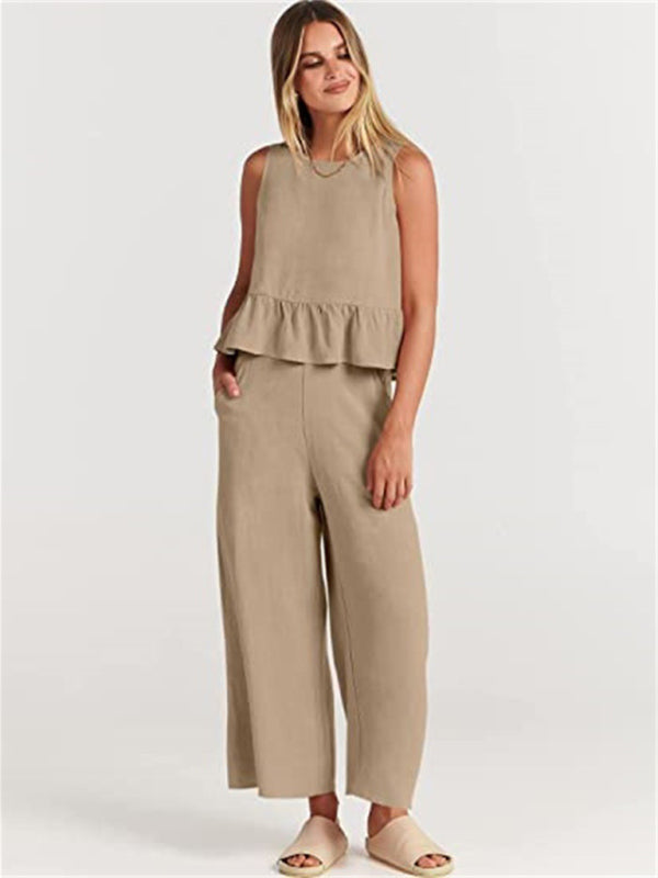 Women's Ruffle Sleeveless Top With Matching Wide-leg Pants