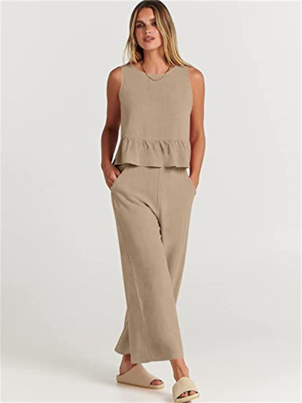 Women's Ruffle Sleeveless Top With Matching Wide-leg Pants