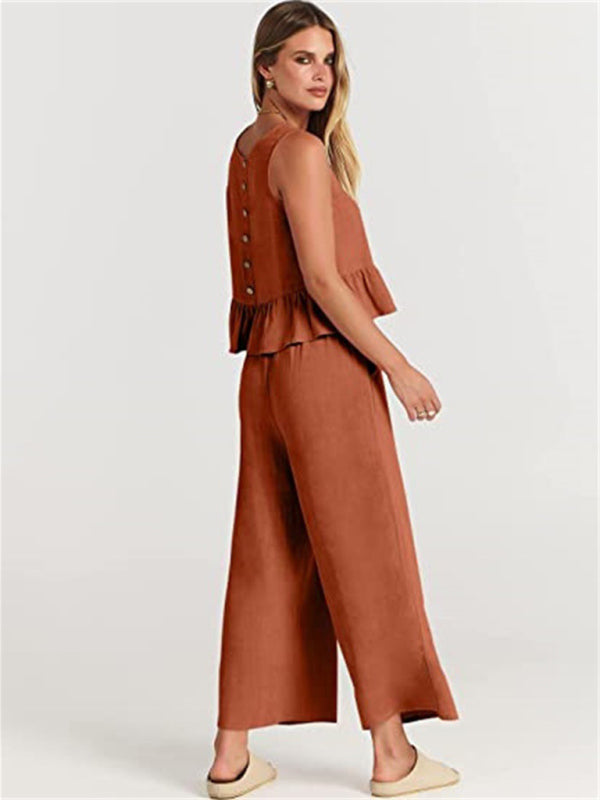 Women's Ruffle Sleeveless Top With Matching Wide-leg Pants