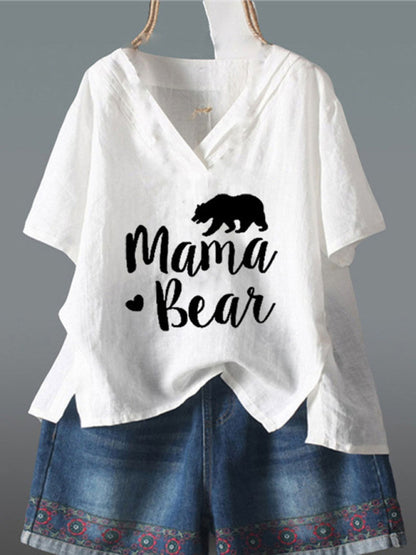 Women's MAMA BEAR printed short-sleeved V-neck irregular cotton and linen top