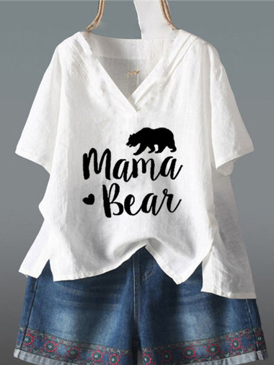 Women's MAMA BEAR printed short-sleeved V-neck irregular cotton and linen top