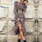 Leopard print ruffle long-sleeved mid-length dress