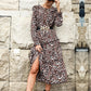 Leopard print ruffle long-sleeved mid-length dress