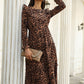Leopard print ruffle long-sleeved mid-length dress