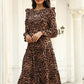Leopard print ruffle long-sleeved mid-length dress