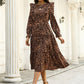Leopard print ruffle long-sleeved mid-length dress