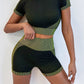 Women's Contrasting Color Bubble Yoga Clothes Short Sleeve T-Shirt + Shorts Sports Two-Piece Suit