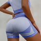 Women's Contrasting Color Bubble Yoga Clothes Short Sleeve T-Shirt + Shorts Sports Two-Piece Suit